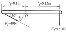 如图所示，杆的自重不计，F1=49N、F2=16.3N。试确定：关于力对点的矩，下列描述正确的有（ ）。
