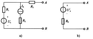 如图b)所示电源与图a)所示电路等效，则计算Us和R0的正确算式为：