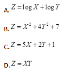 若Z作为X和Y的函数，下列回归方程属于线性方程的是（　　）。